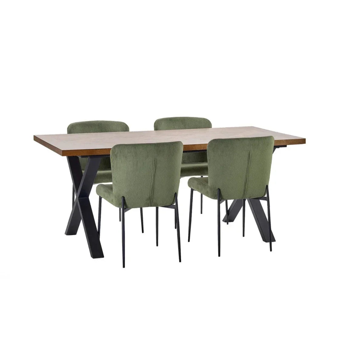 Dining table with wooden top and four green fabric chairs on black metal legs