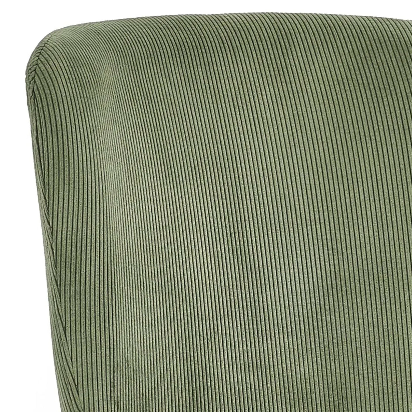 Closeup of green corduroy chair backrest with vertical ribbed upholstery pattern