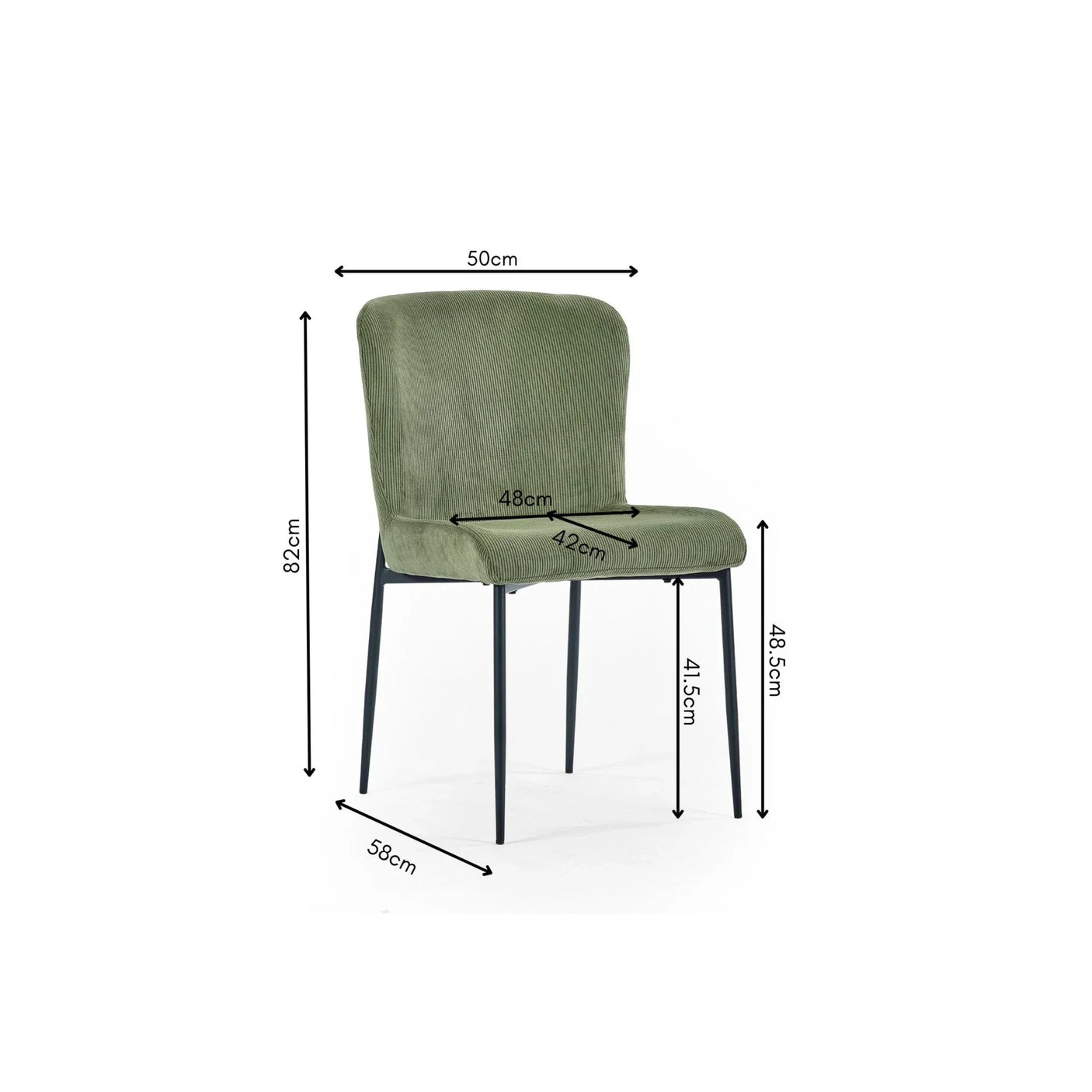 Green fabric dining chair with black legs showing dimensions, front angle