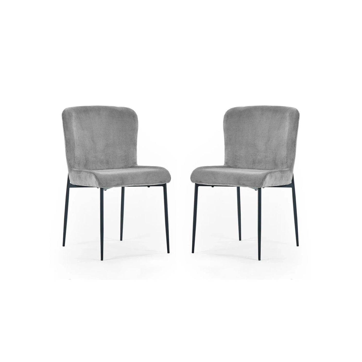 Pair of grey fabric dining chairs with black metal legs on white background