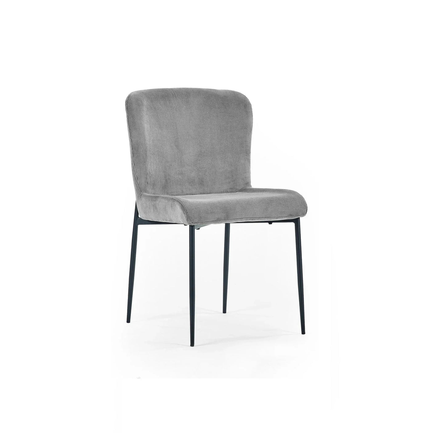 Grey fabric dining chair with black metal legs on white background