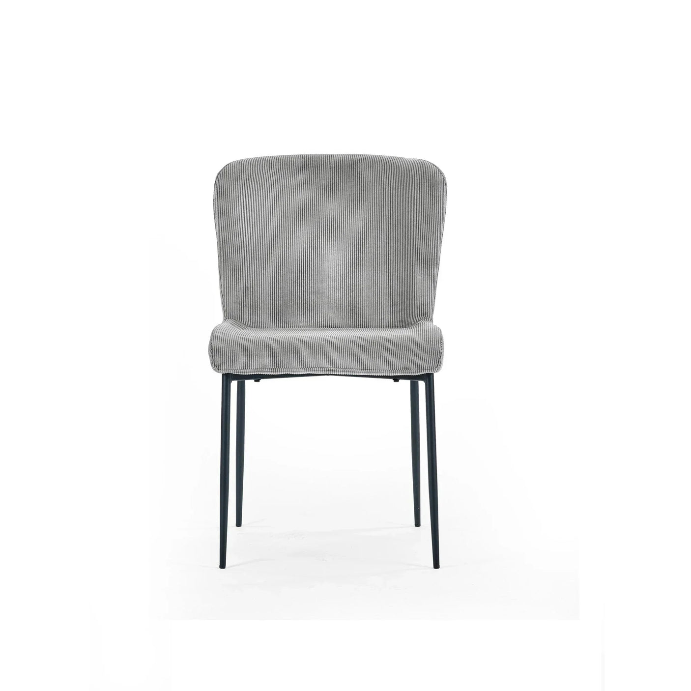 Grey fabric dining chair with black metal legs, front view against white background
