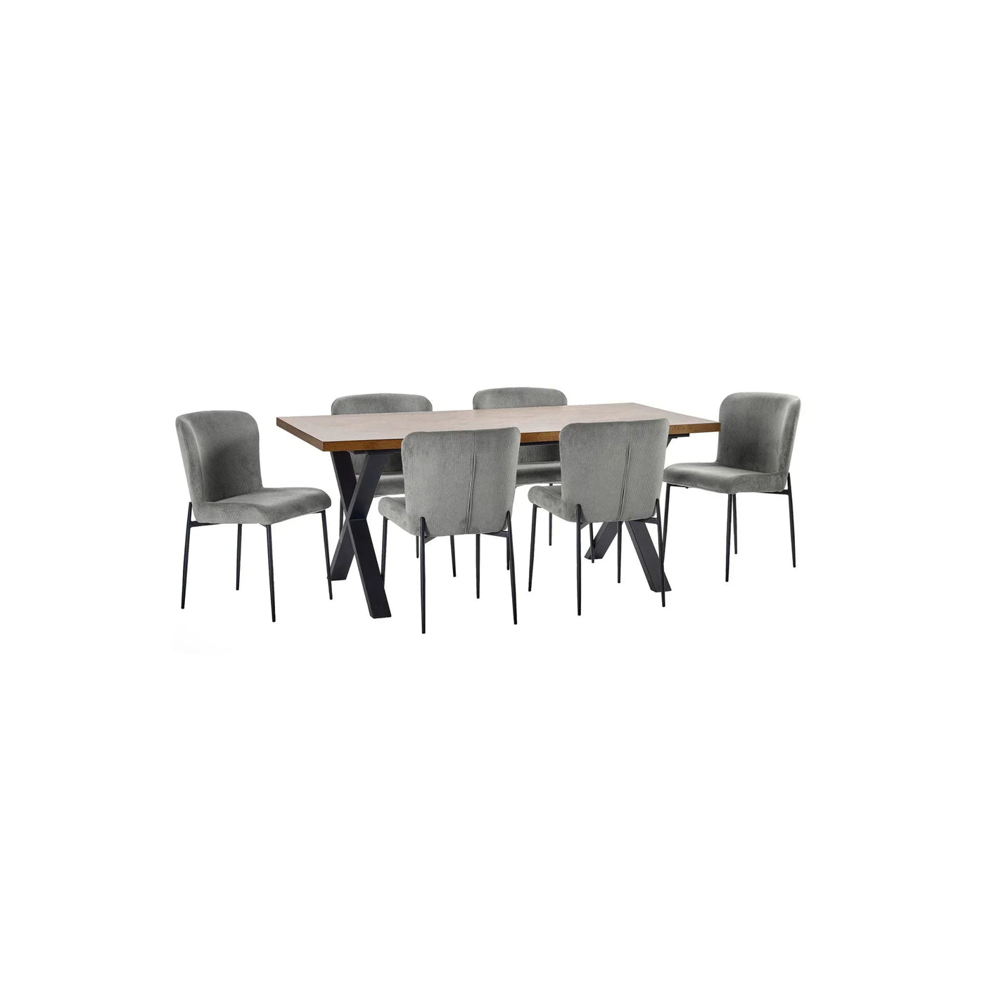 Rectangular dining table with wooden top and six grey upholstered chairs on black metal legs