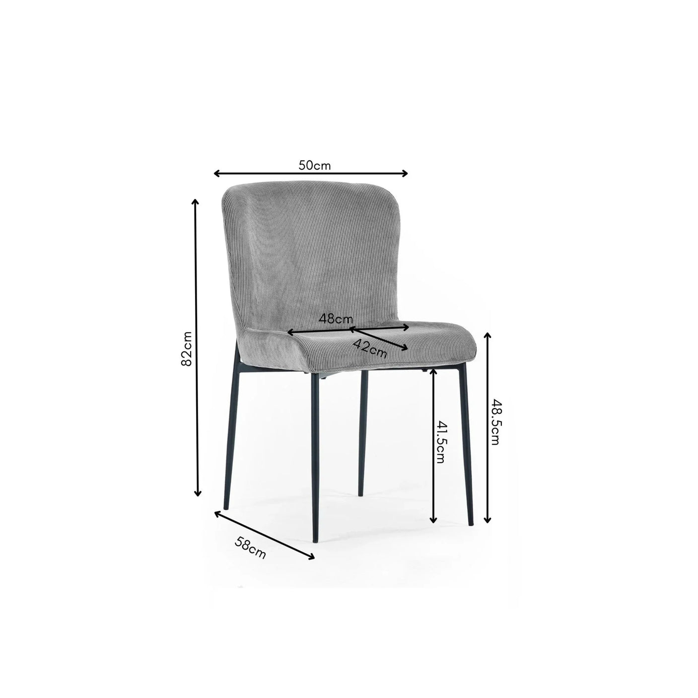 Grey fabric dining chair with black legs shown with detailed measurements