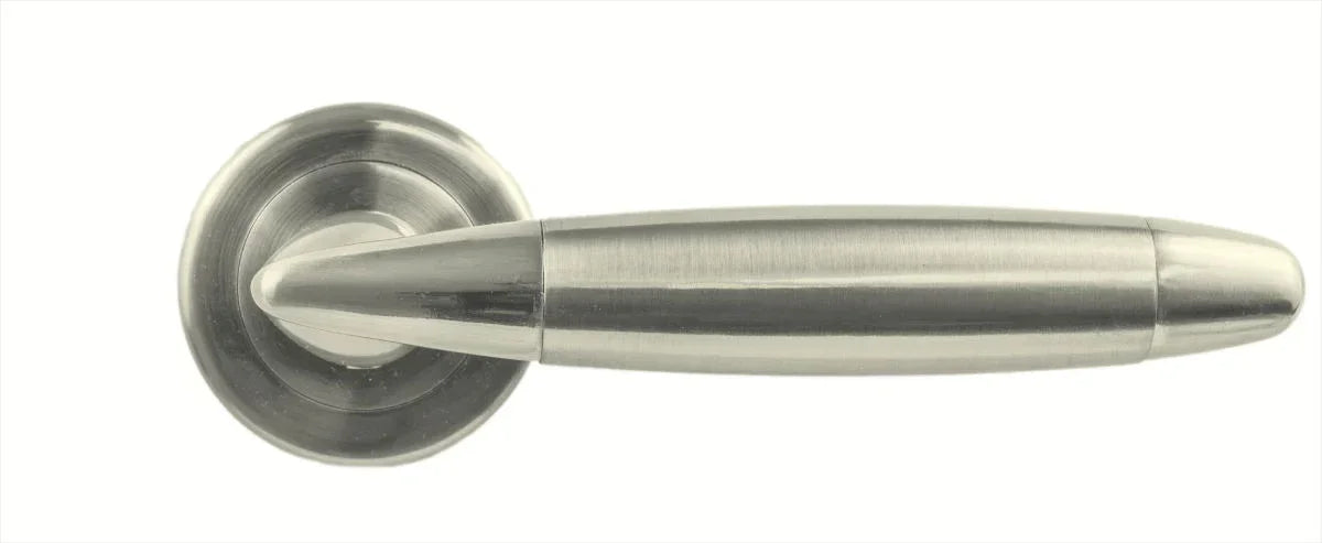 Brushed nickel door handle with round rose mounting, modern lever design shown from above