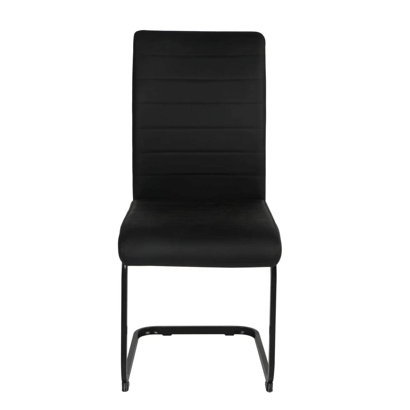 Black faux leather dining chair with chrome cantilever legs, front view
