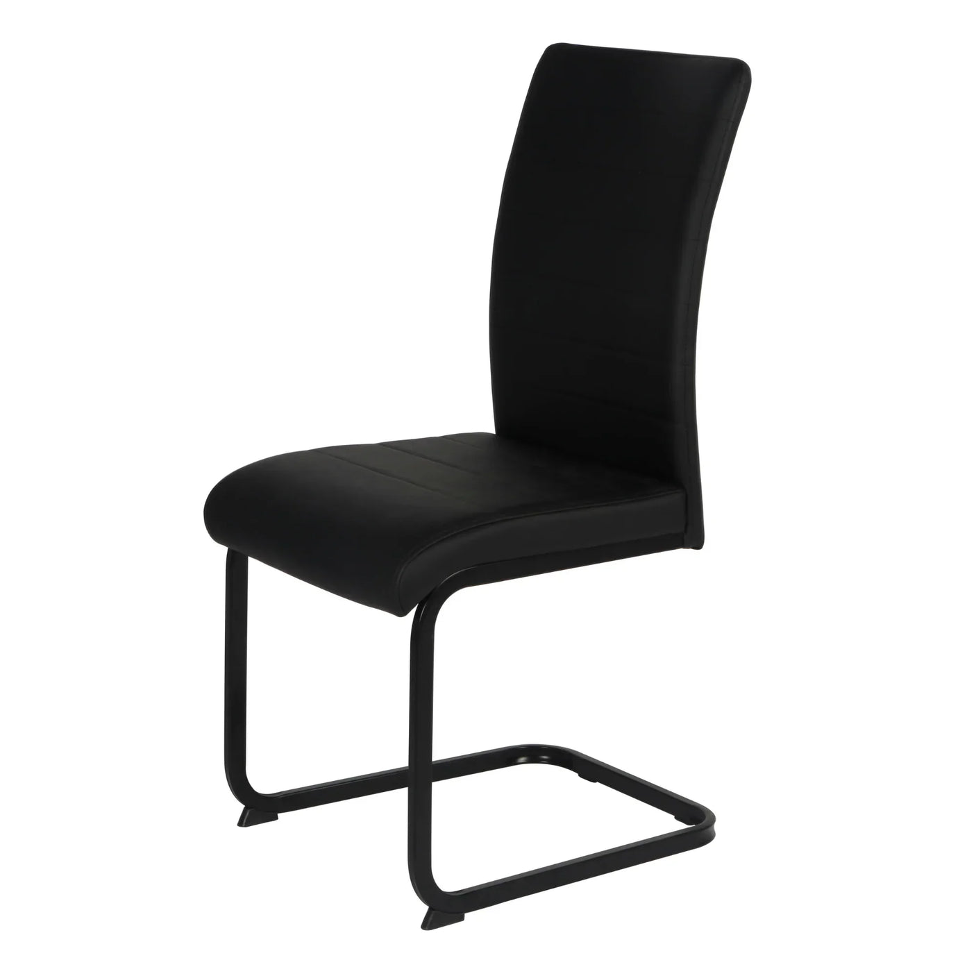 Black dining chair with faux leather seat and cantilever metal frame, side view
