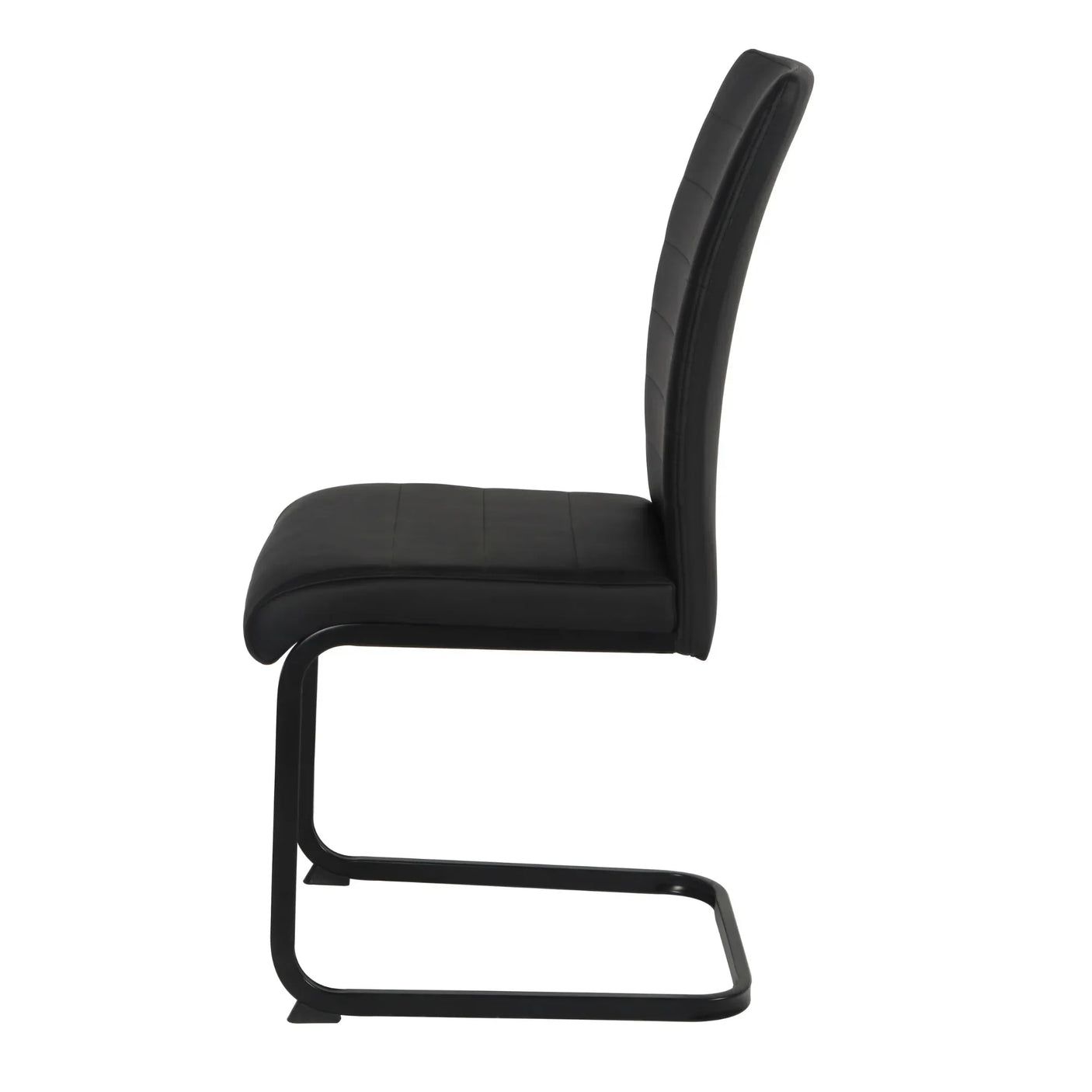Black faux leather dining chair side view with cantilever metal frame