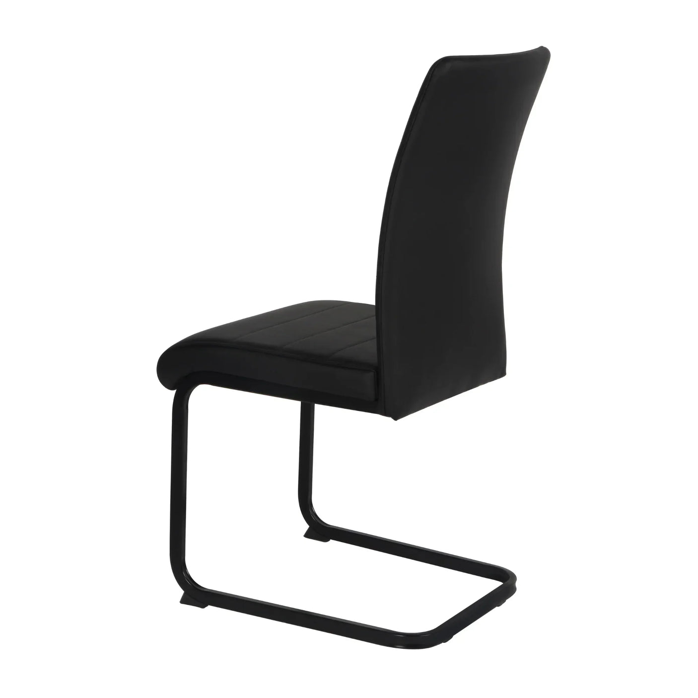 Black faux leather dining chair with cantilever metal frame, rear side angle view