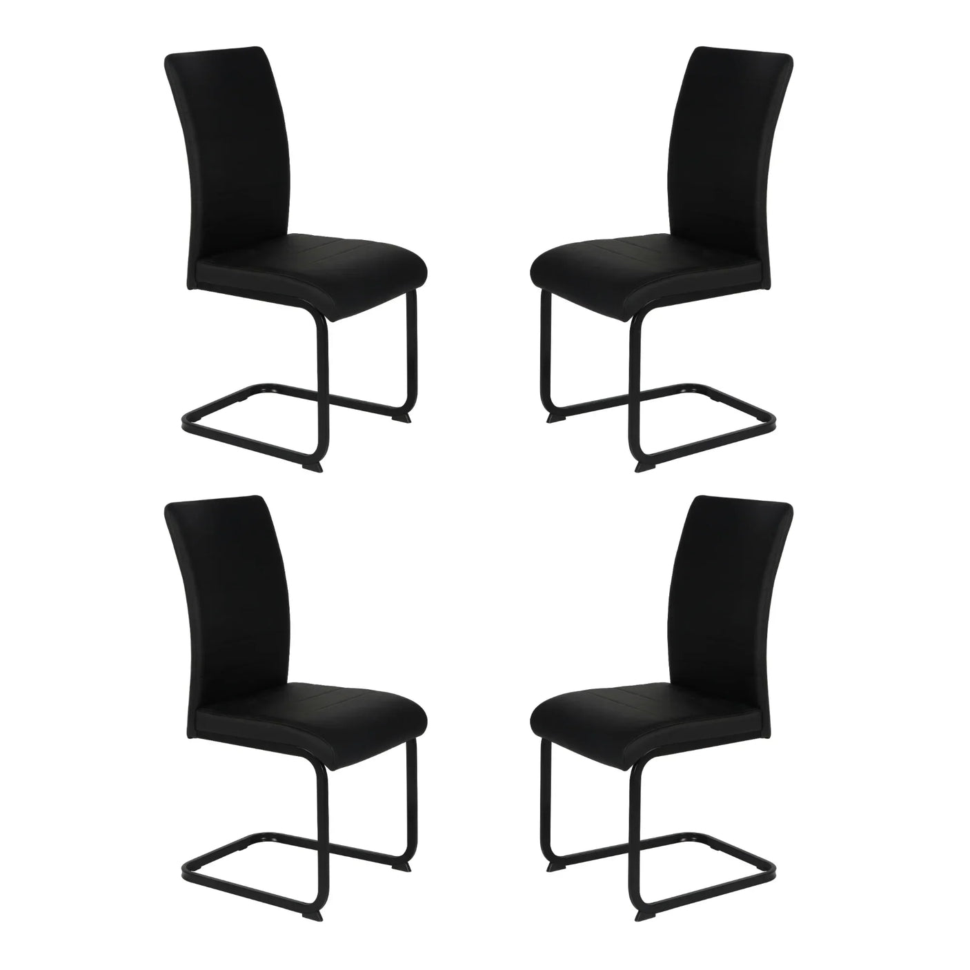 Set of four black dining chairs with curved backrests and cantilever metal frames