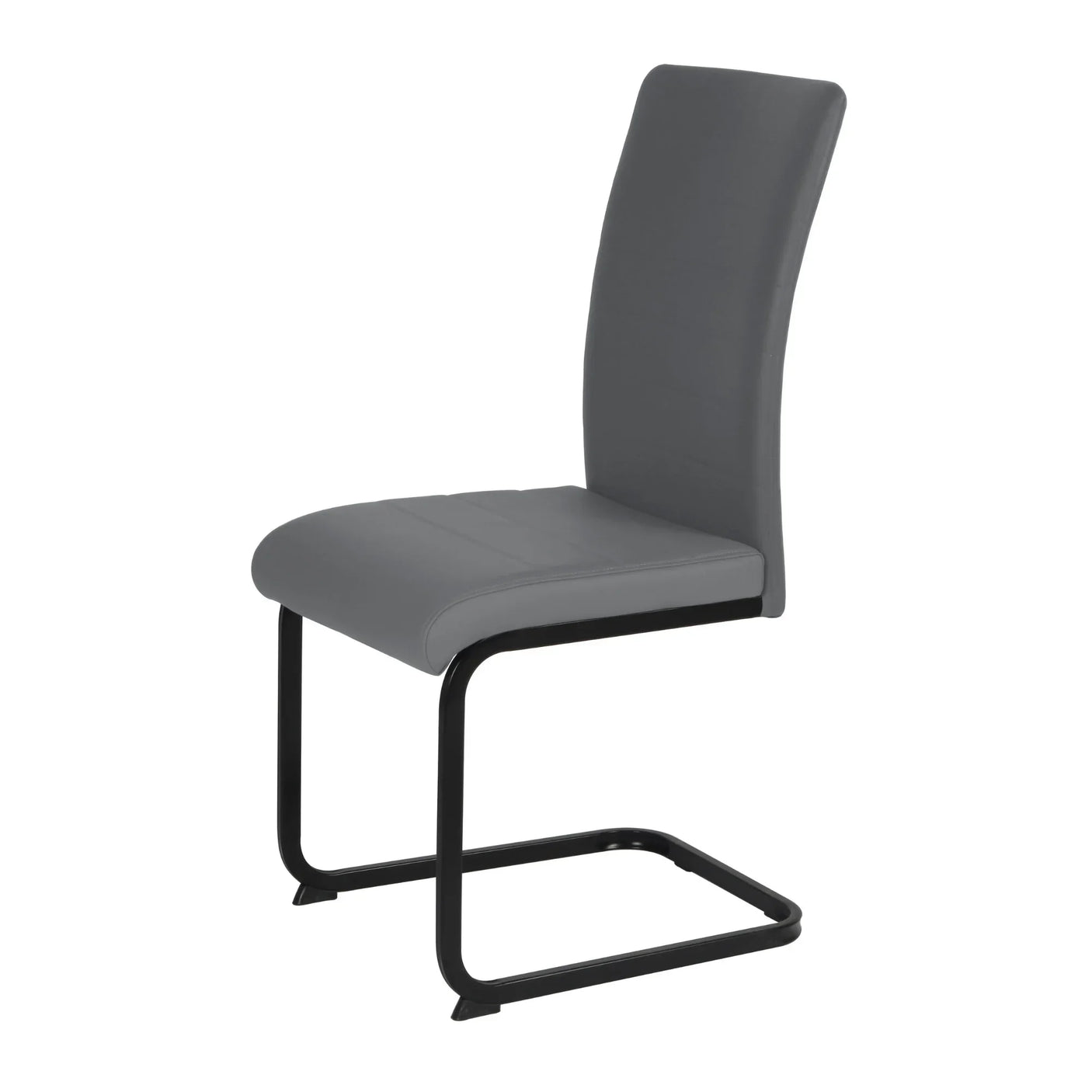 Grey faux leather dining chair with black cantilever metal frame, side view