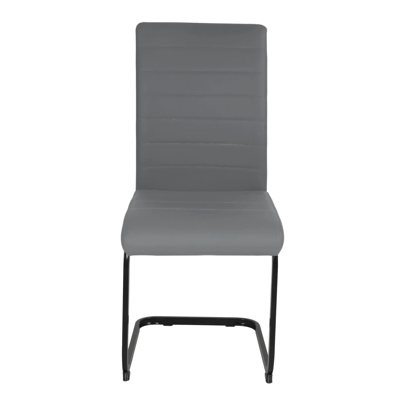 Grey faux leather dining chair with high back and black metal cantilever legs