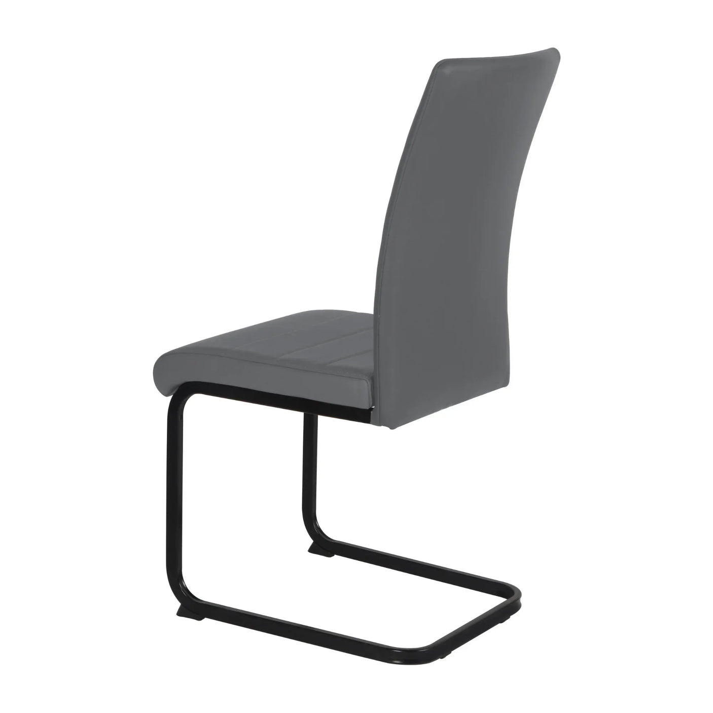 Grey faux leather dining chair with cantilever black metal frame, rear side angle view