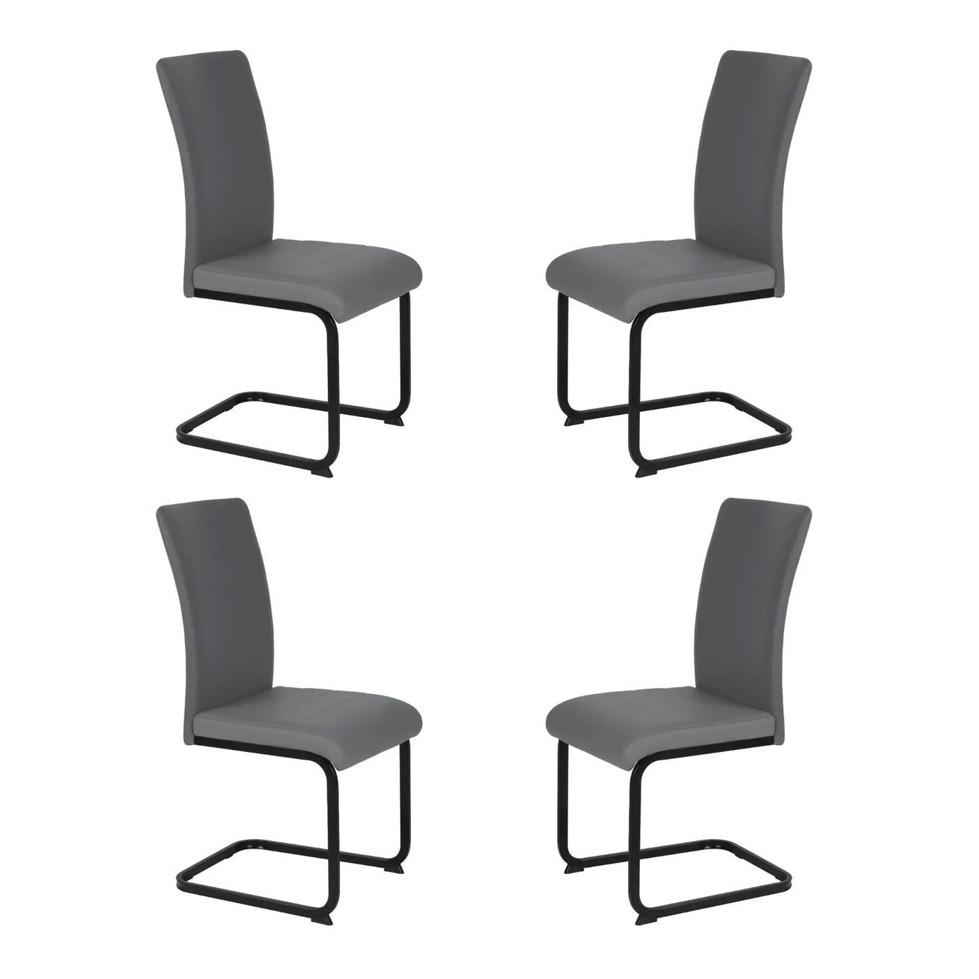 Set of four grey dining chairs with black cantilever metal frames, side angle view