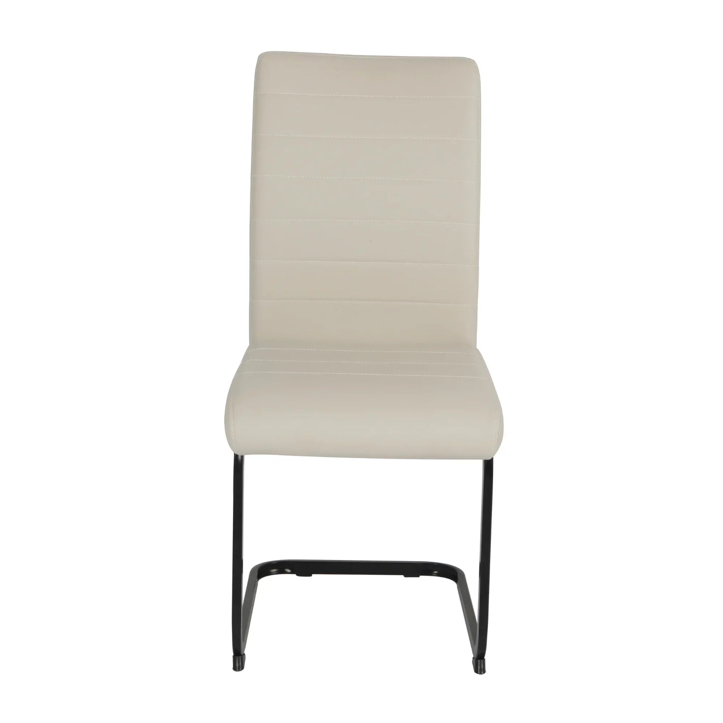 Beige dining chair with padded seat, black metal sled base, front view