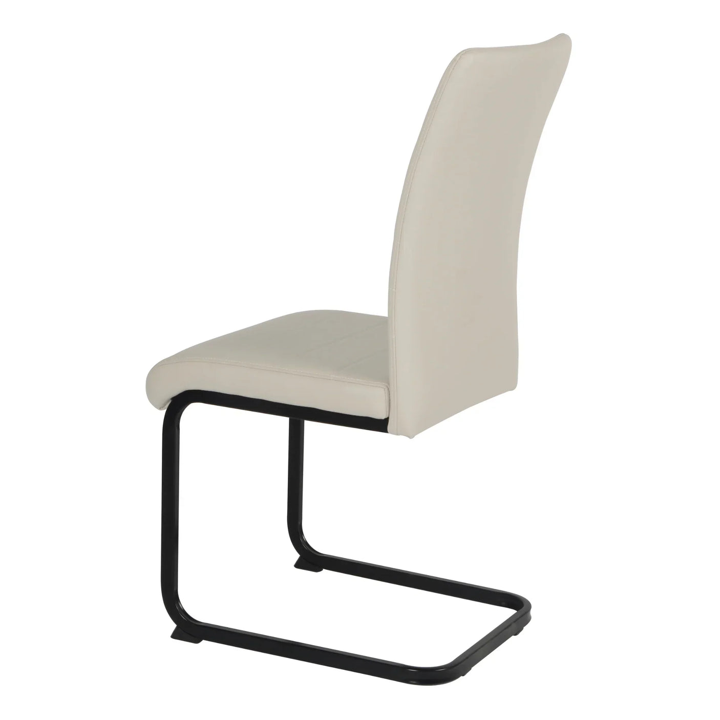 Cream faux leather dining chair with cantilever black metal frame, side angle view
