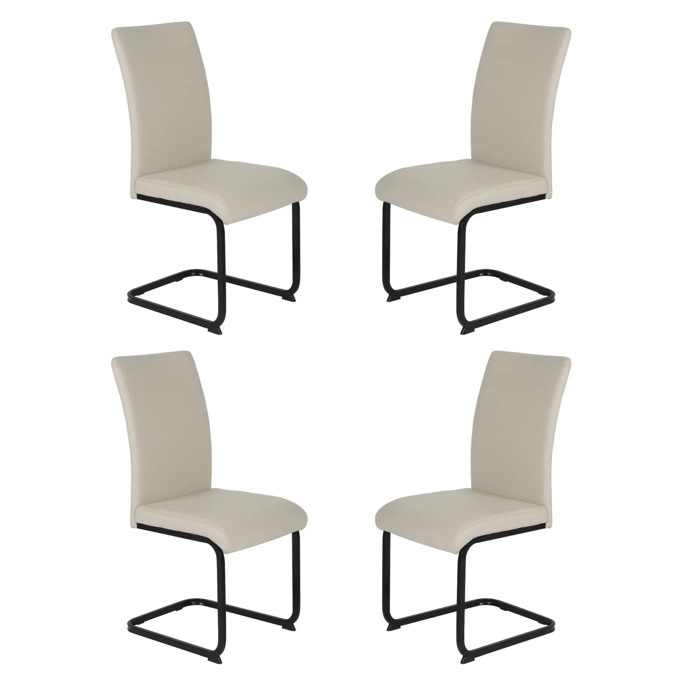 Set of four cream dining chairs with black metal cantilever frames on white background
