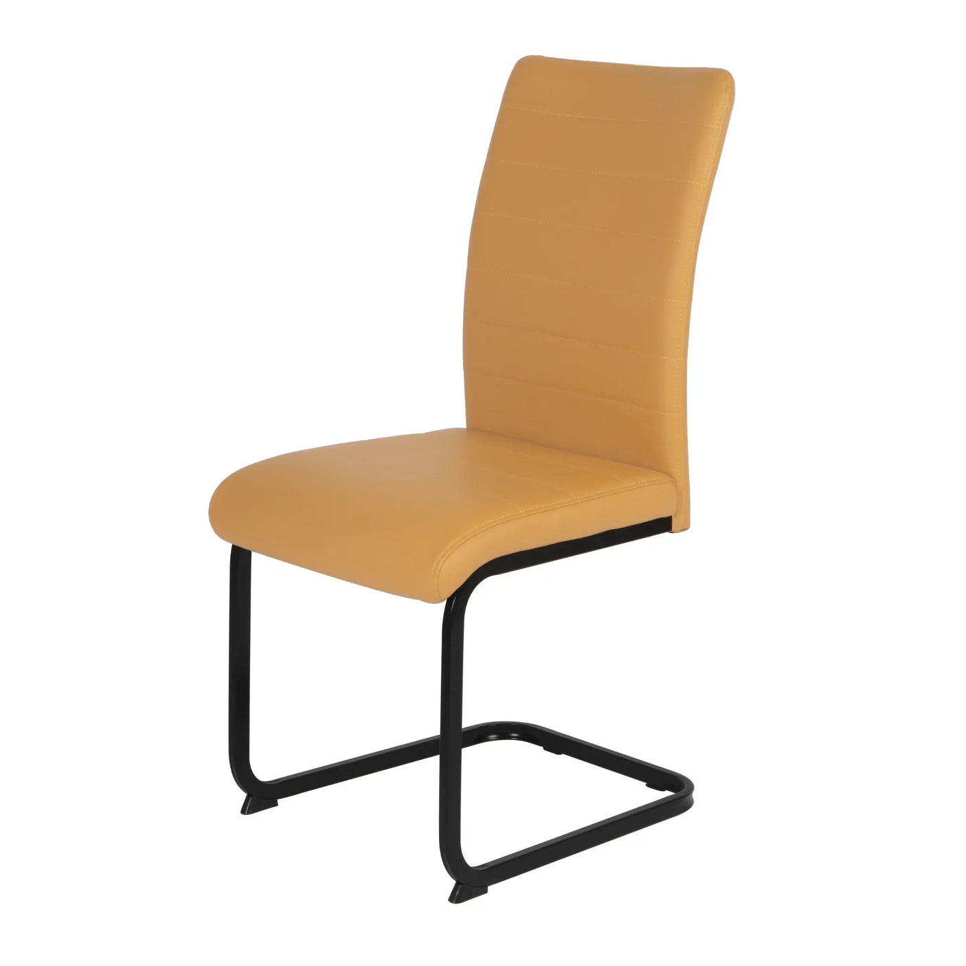 Mustard dining chair with cantilever black metal frame and curved padded seat