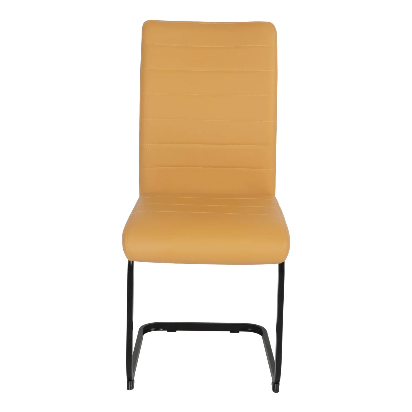 Tan faux leather dining chair with black metal cantilever legs, front facing view