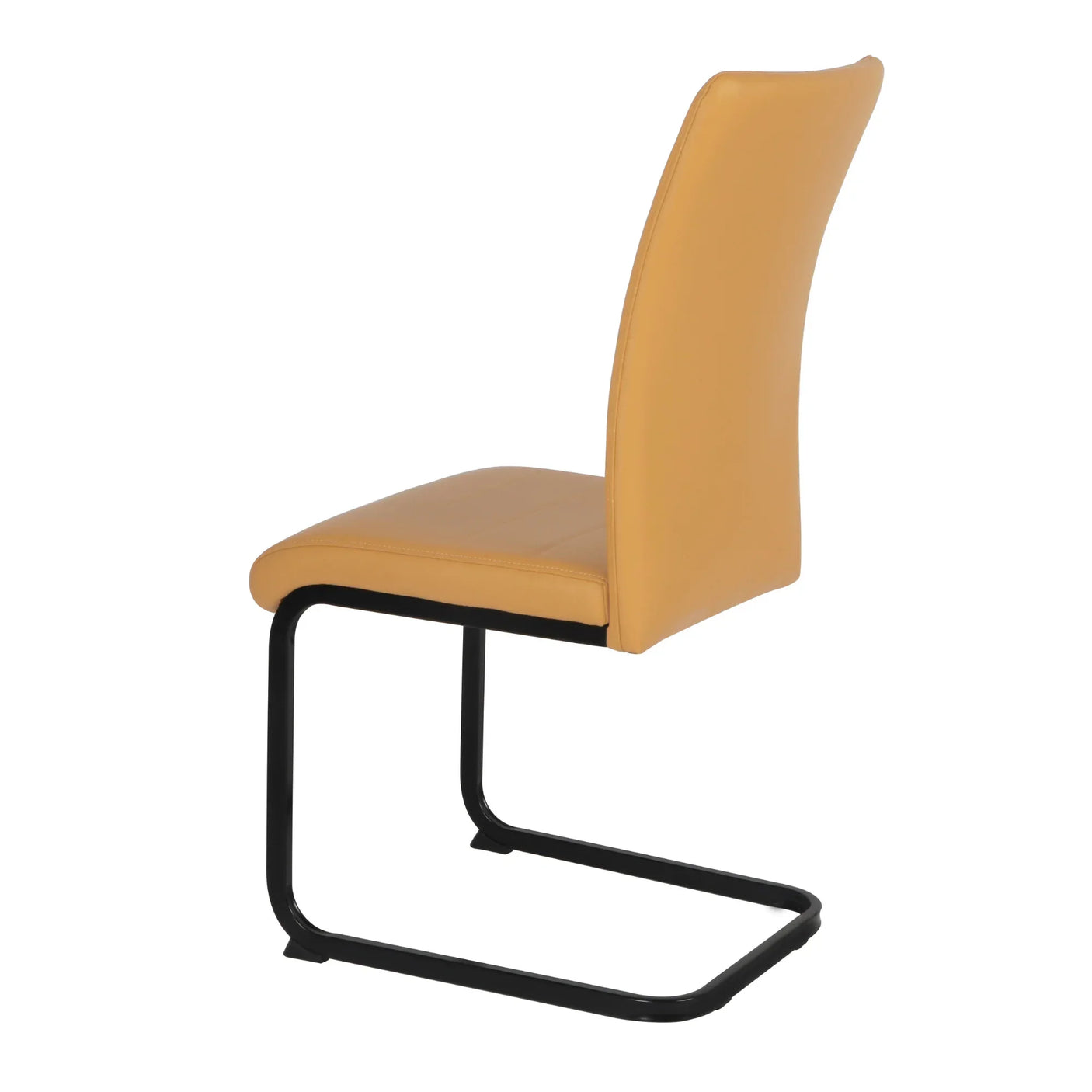 Mustard dining chair with padded seat and black cantilever metal legs, side angle view