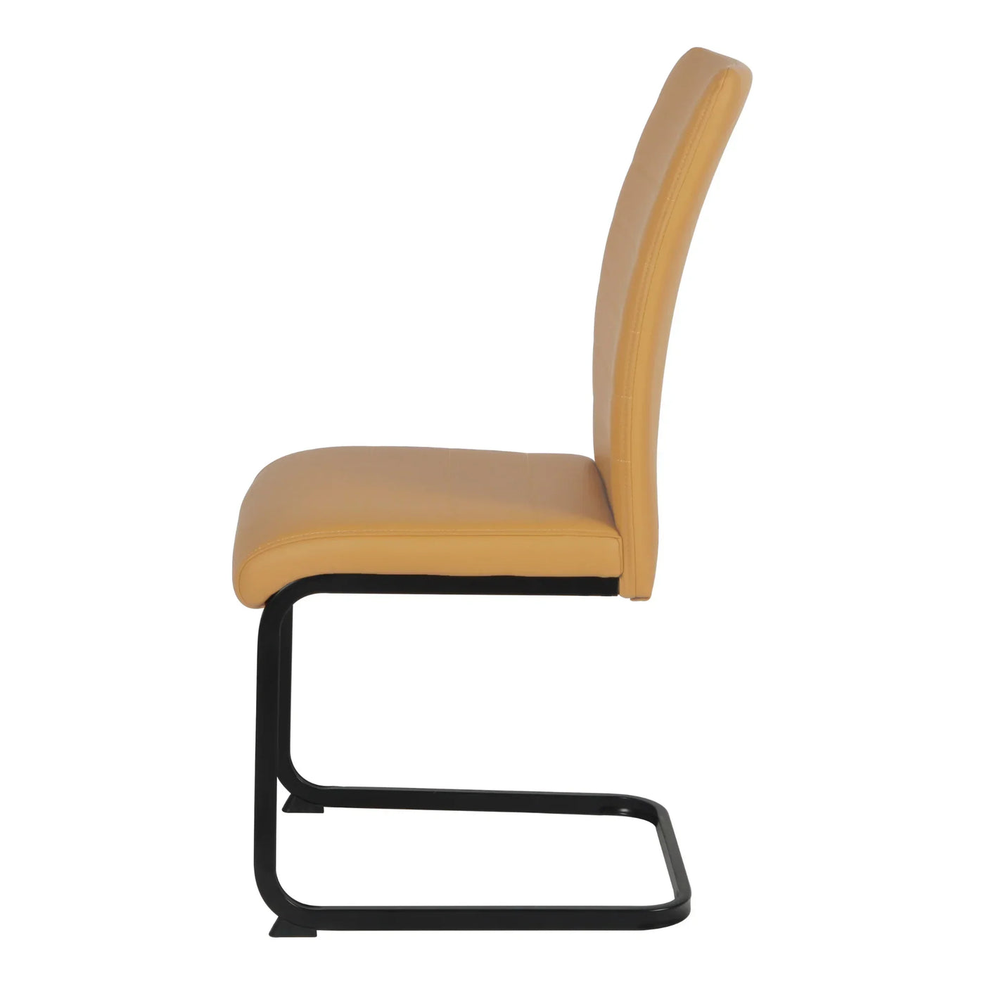 Side view of tan leather dining chair with black metal cantilever frame
