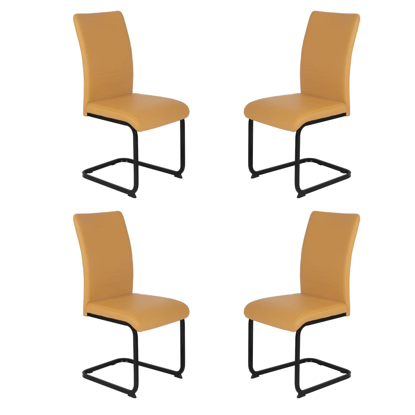 Set of four modern mustard dining chairs with padded seats and black metal cantilever legs