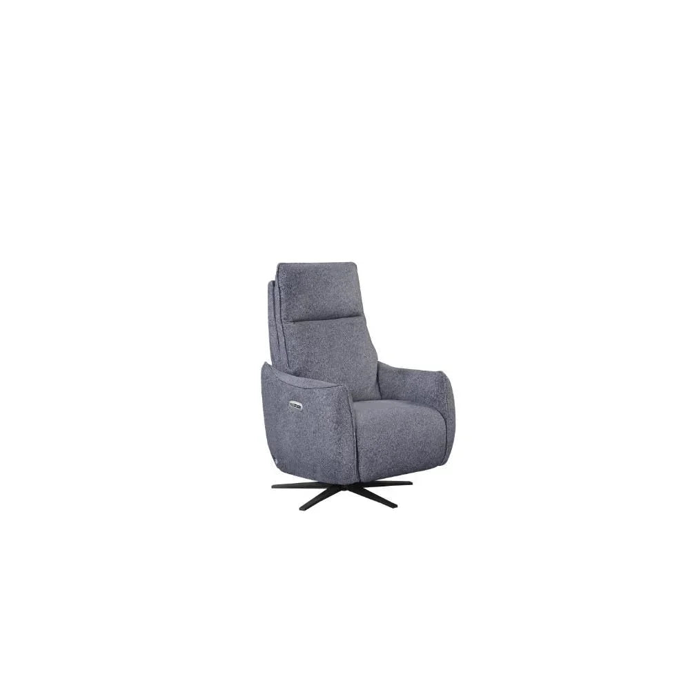 Grey fabric swivel recliner chair with high back and black metal base