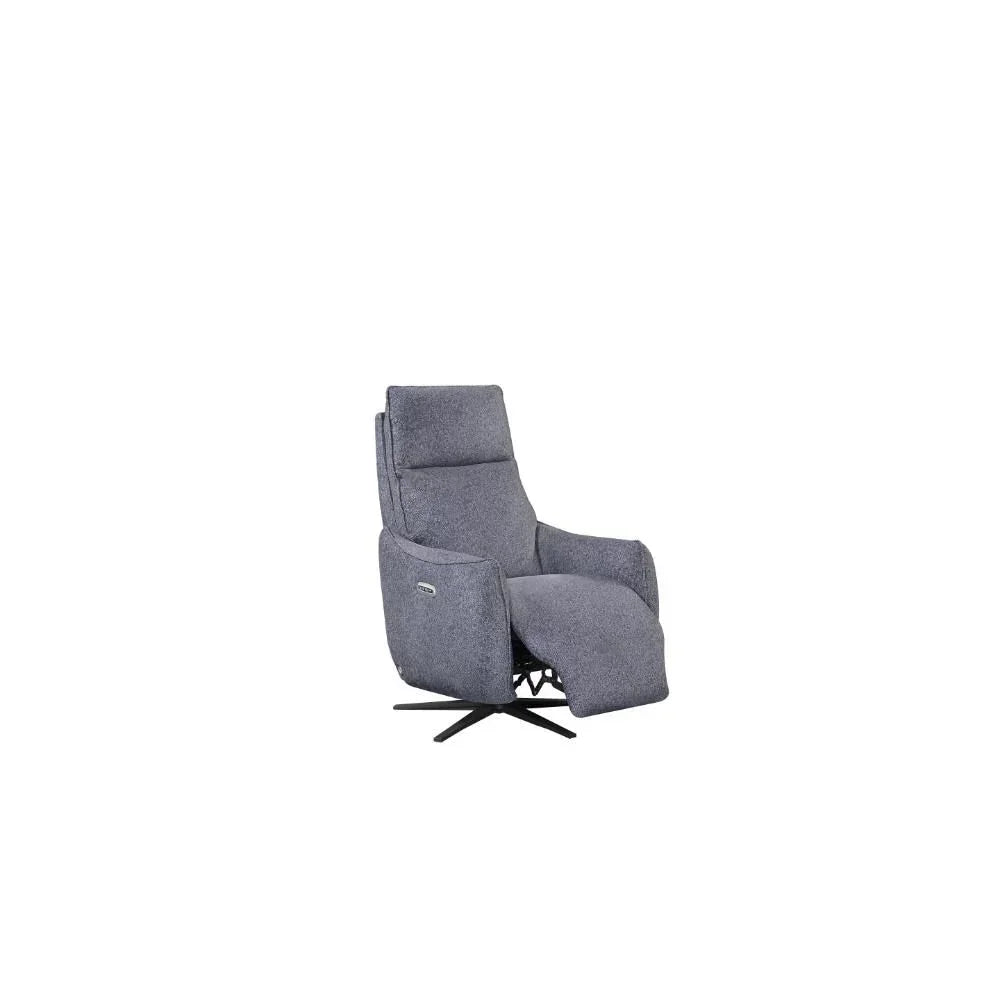 Grey fabric recliner armchair with swivel base and adjustable footrest