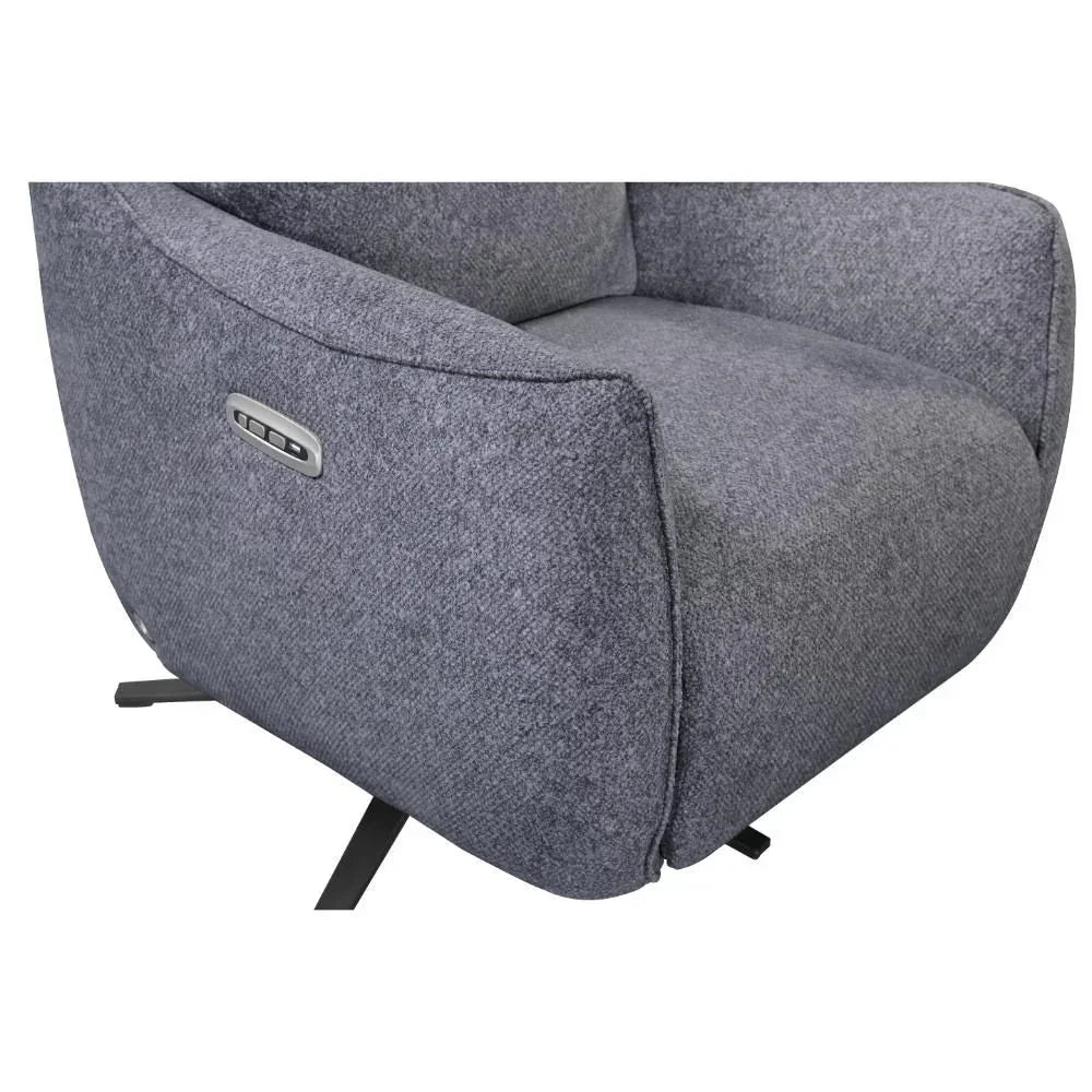 Closeup of grey fabric swivel armchair with metal legs and integrated recliner controls