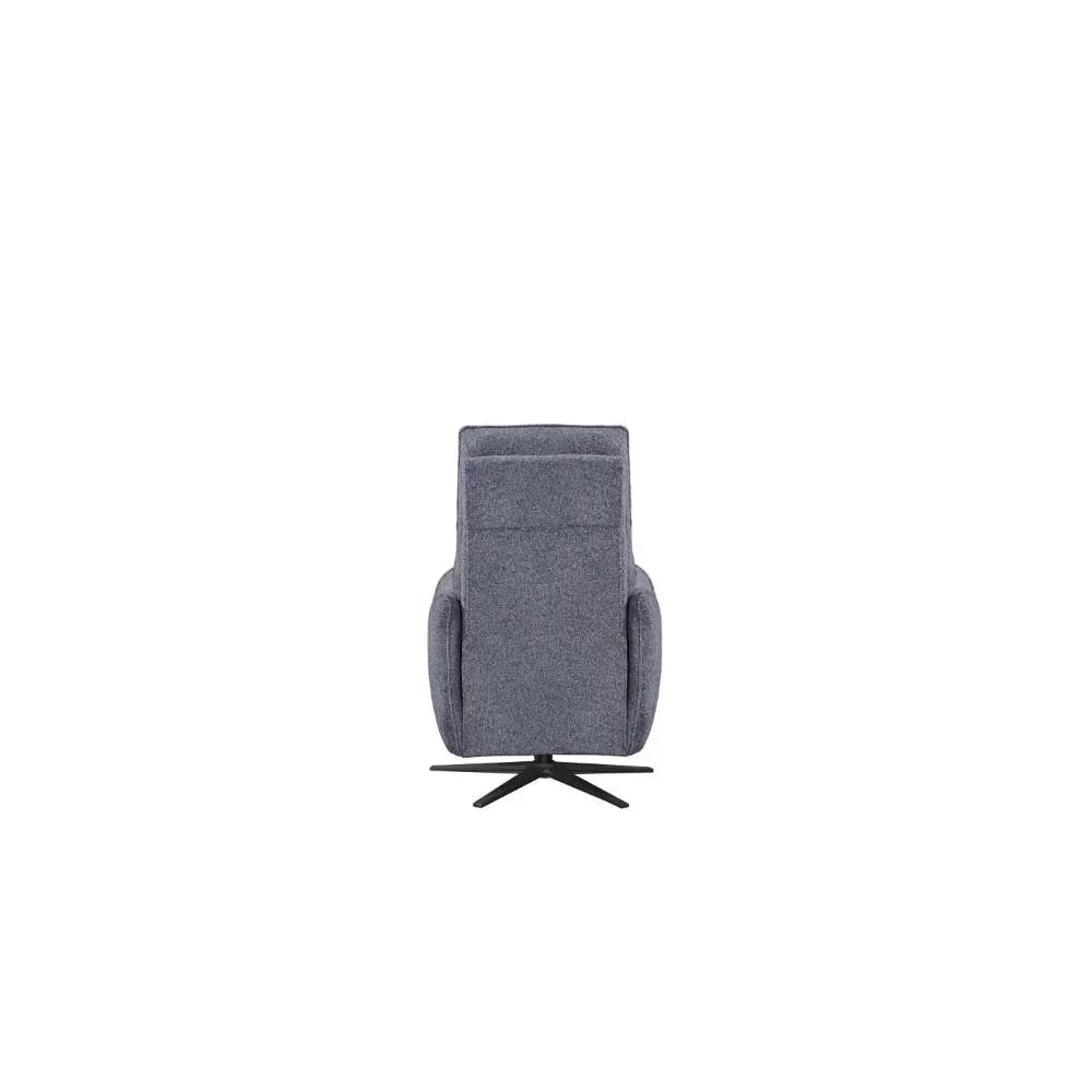 Grey fabric swivel armchair rear view with high back and black metal base