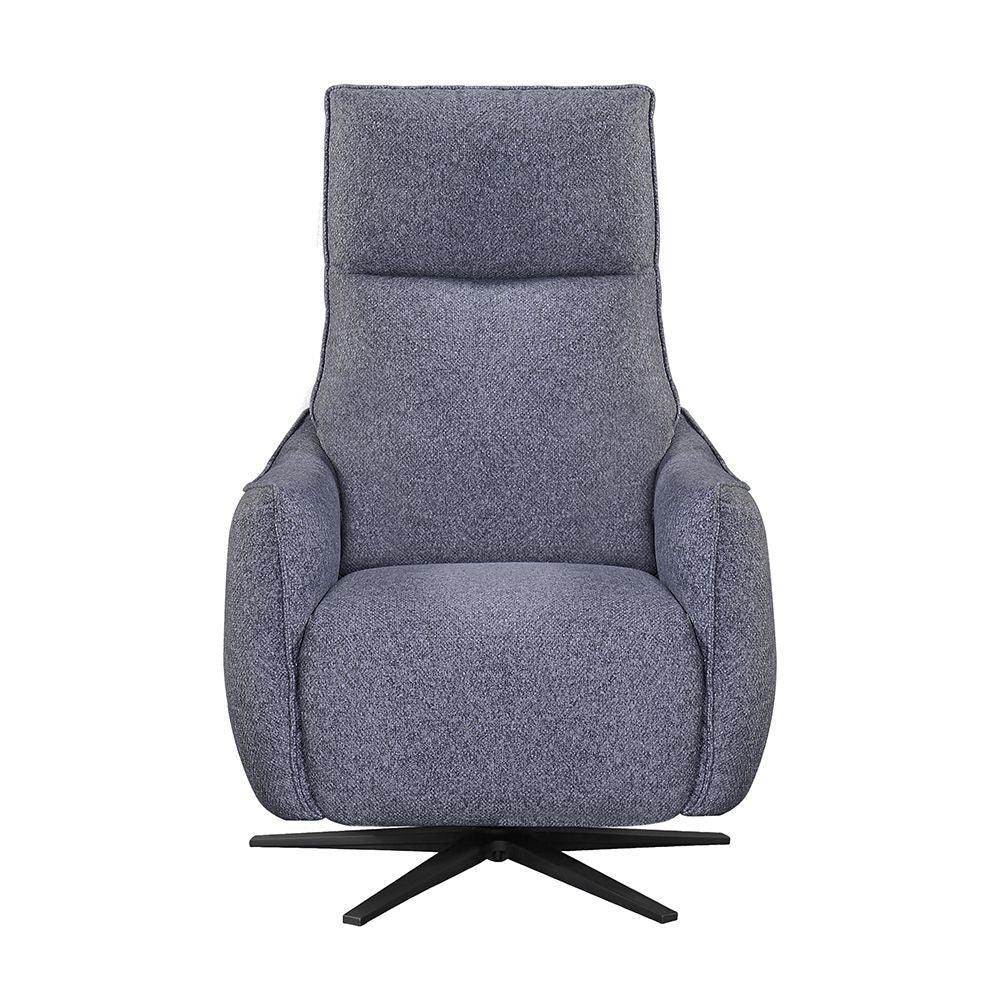 Grey fabric swivel armchair with high back and black metal base, front view