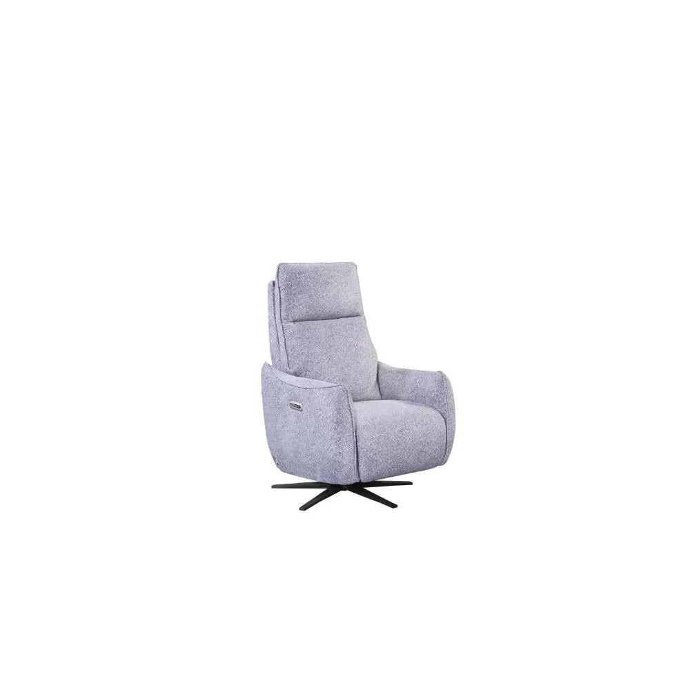Light grey fabric recliner chair with high back and metal swivel base, front view
