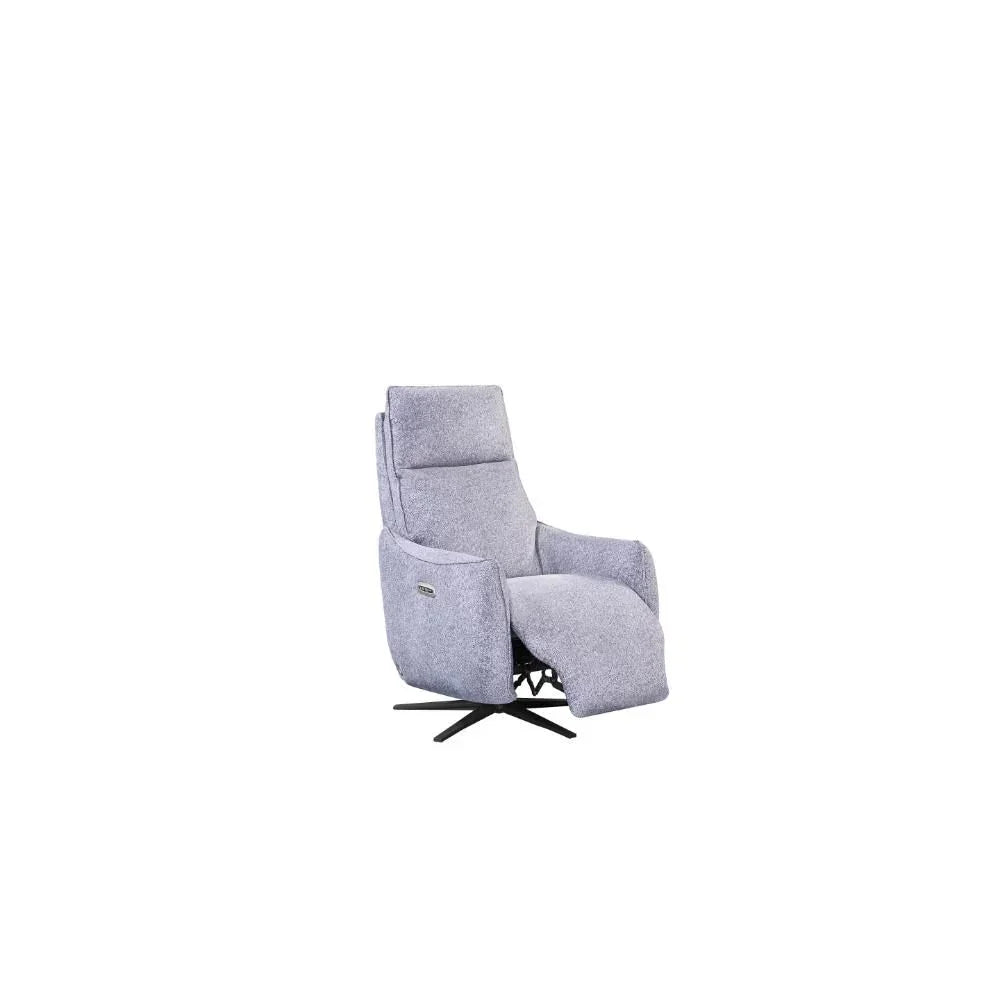 Grey fabric recliner chair with high backrest and footrest on black swivel base