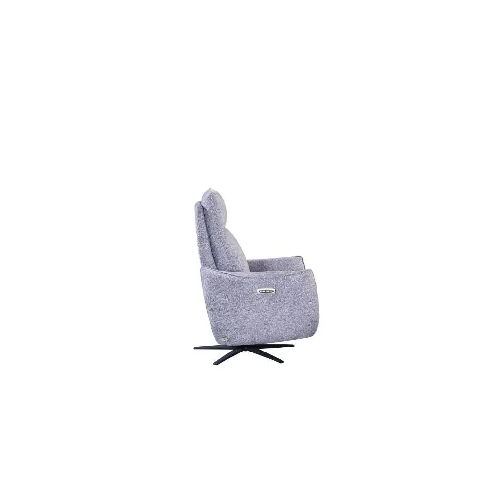Side view of grey fabric swivel recliner chair with black metal base