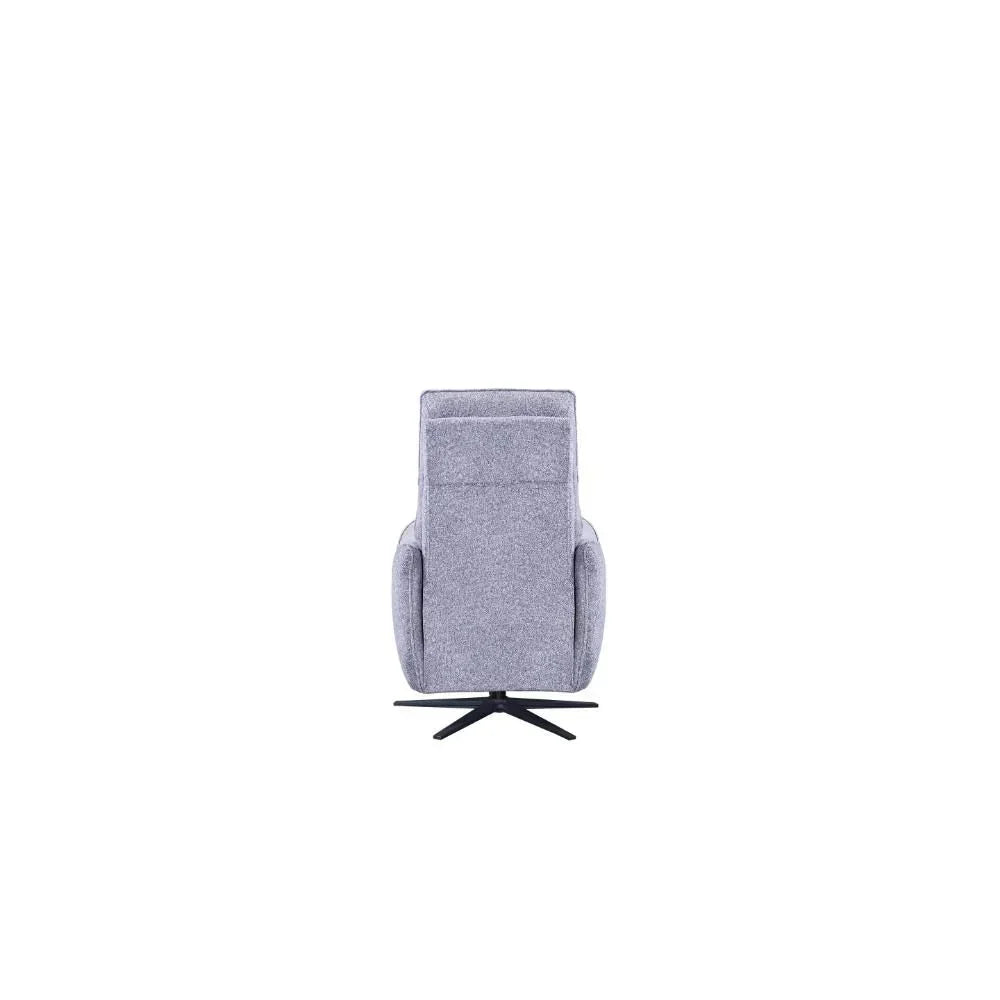Grey fabric swivel armchair rear view on black metal base