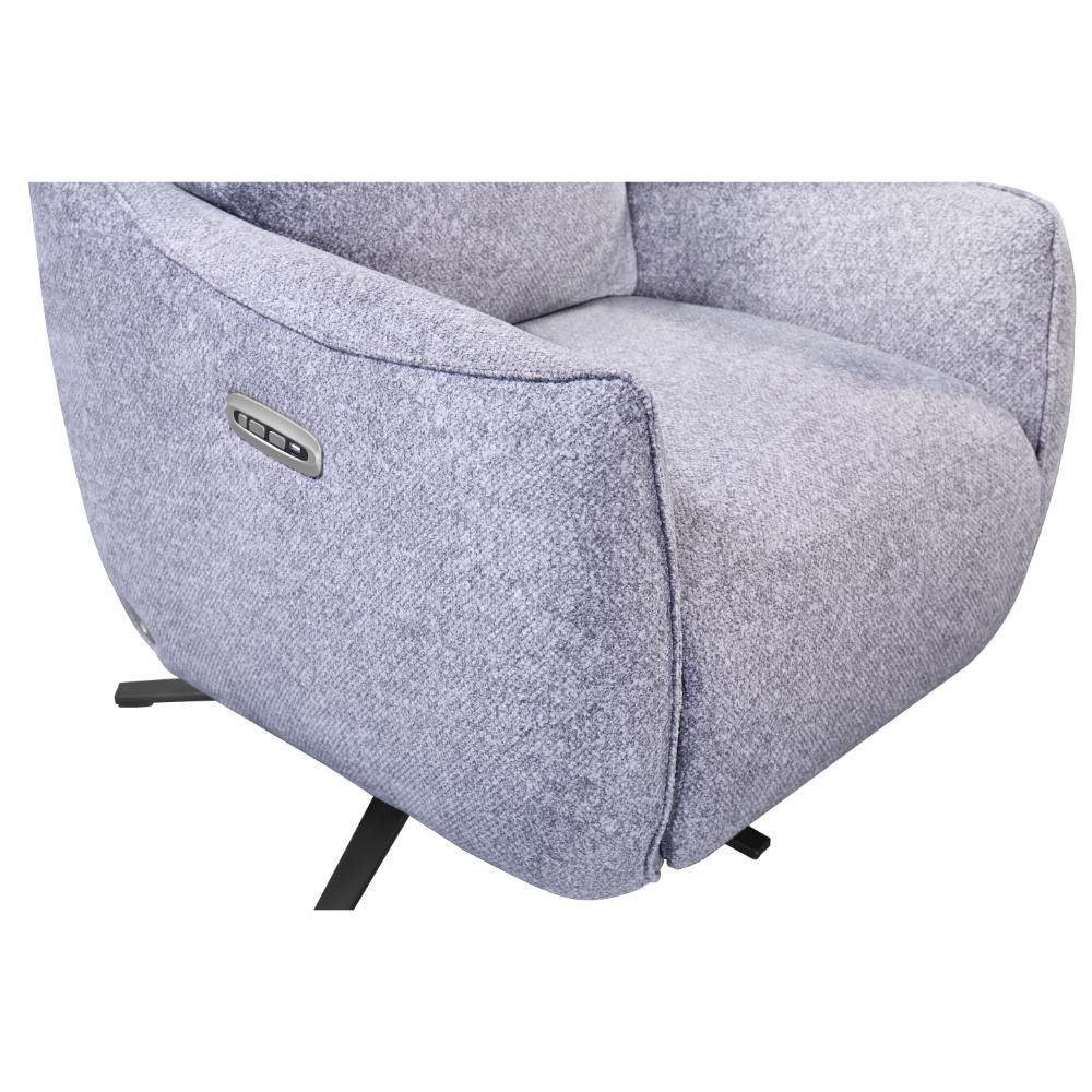 Light grey fabric swivel chair arm detail and control panel close-up