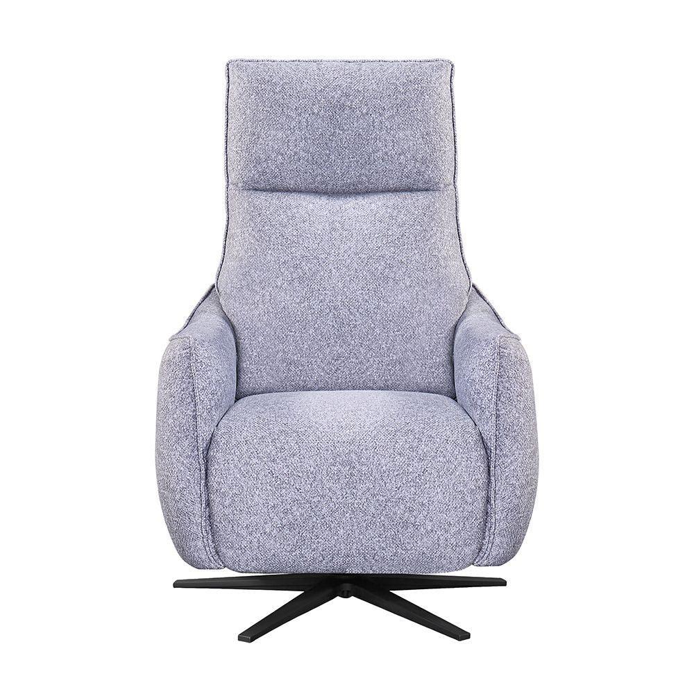 Grey fabric swivel armchair with high backrest and black star-shaped metal base, front view