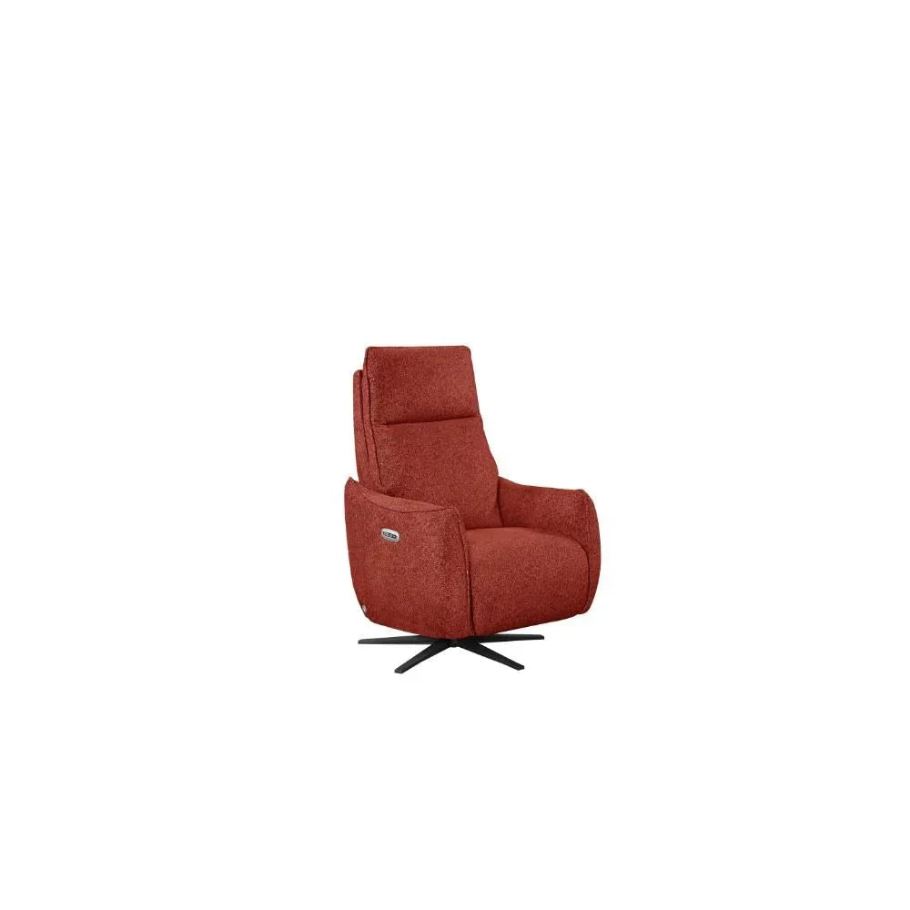 Rust fabric swivel recliner chair with high back and black base on white background