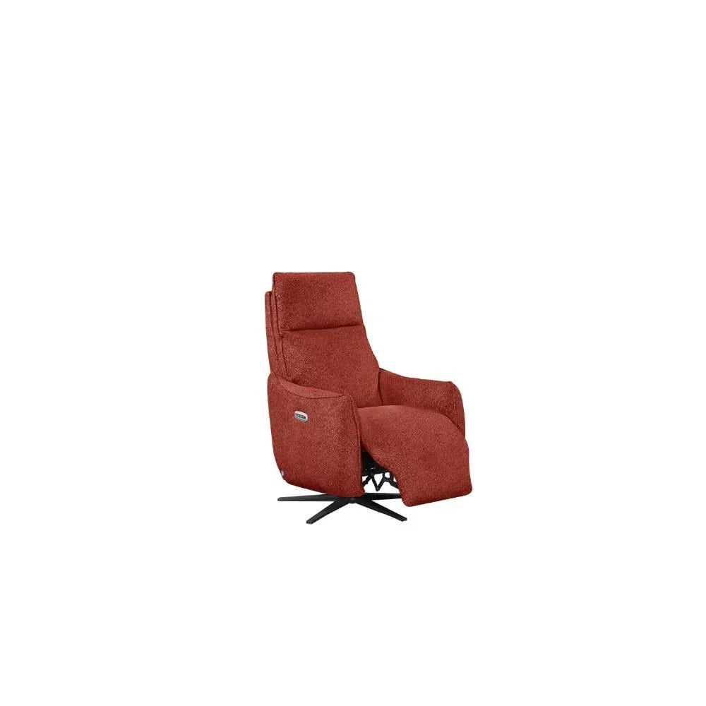 Rust fabric recliner chair with footrest extended and black swivel base
