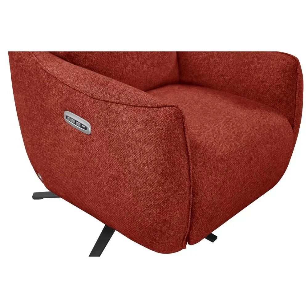 Rust fabric swivel recliner chair with control panel and black metal legs, side angle view