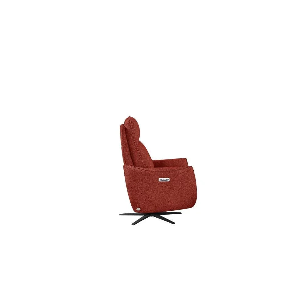 Rust red swivel recliner chair with textured upholstery and black metal base, side view