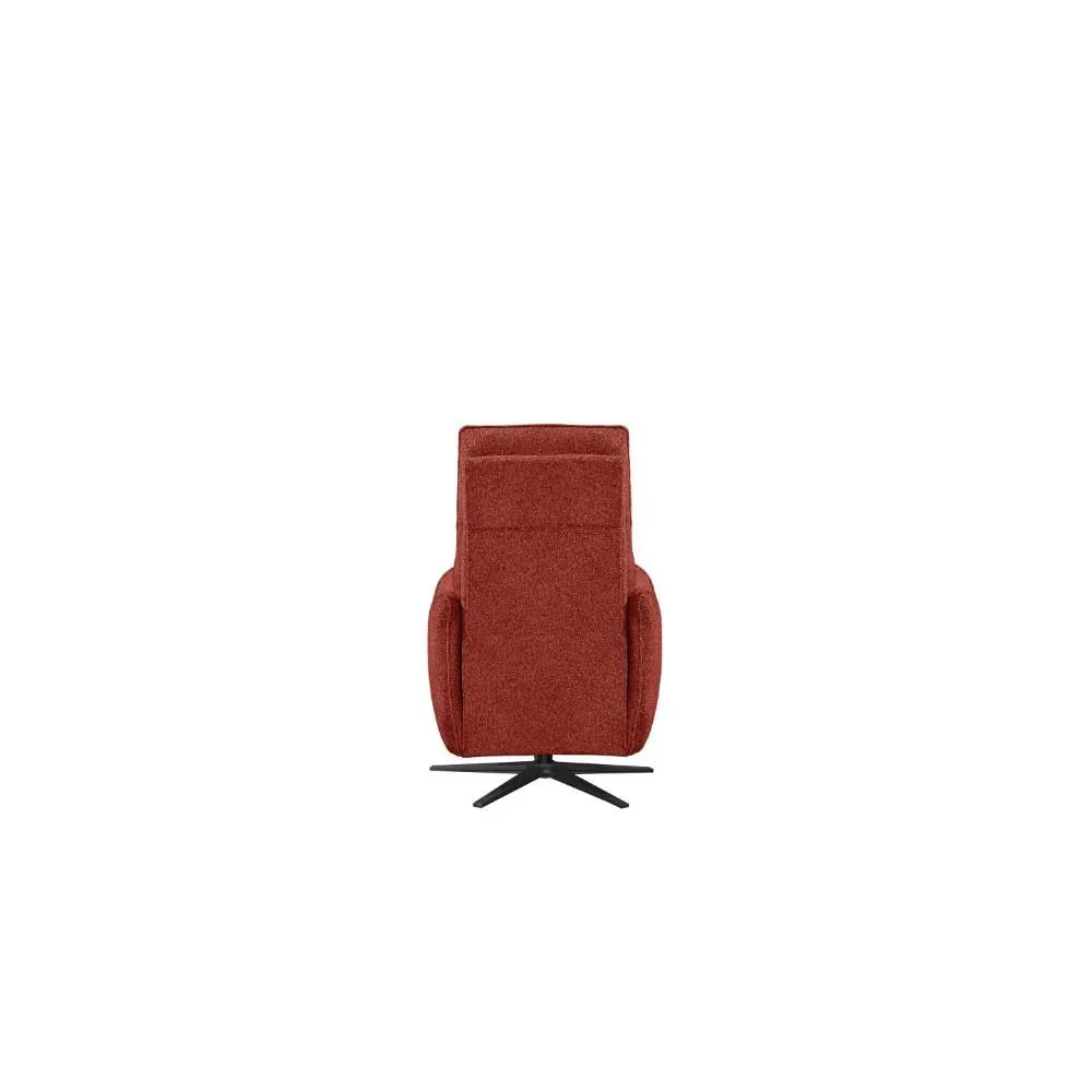 Red fabric recliner chair rear view with black metal swivel base