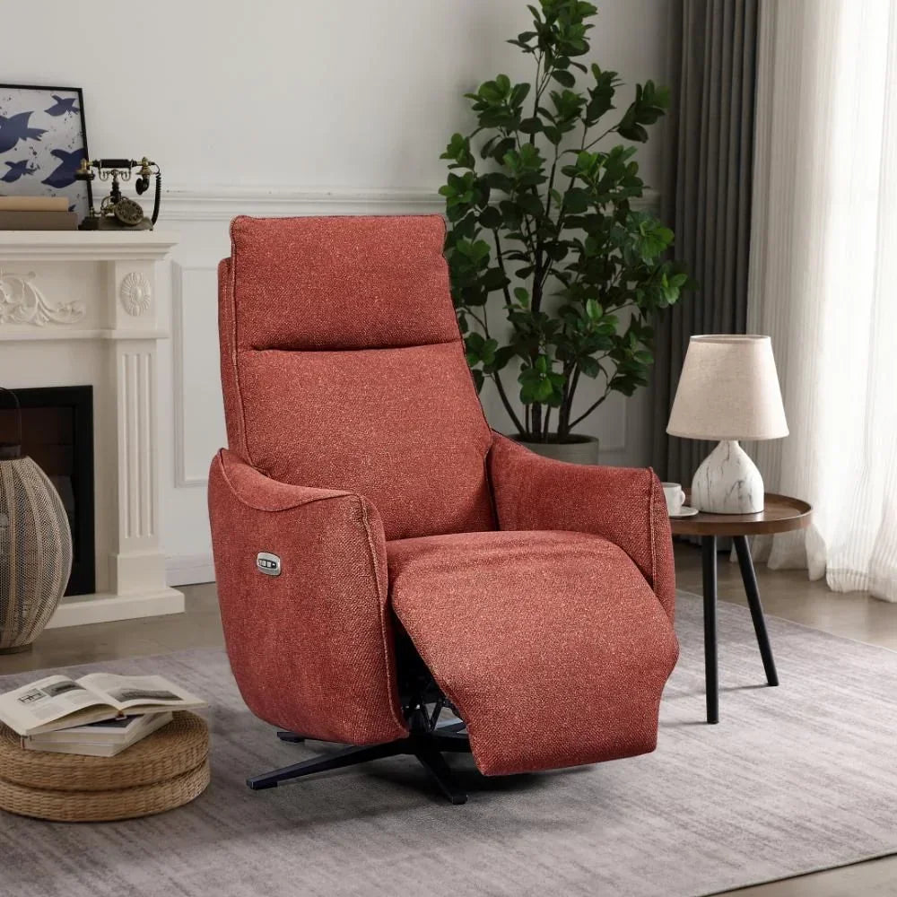 Rust fabric electric recliner chair with footrest in modern living room setting