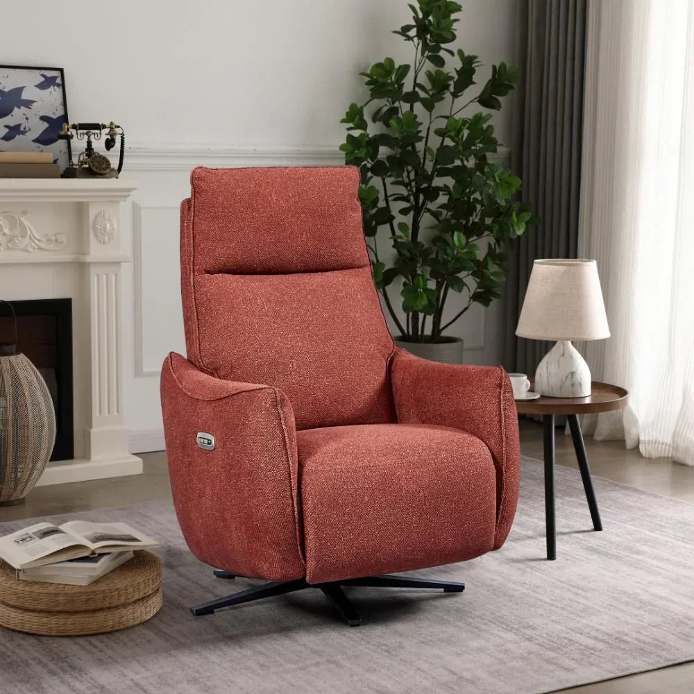 Red fabric recliner chair with headrest and swivel base in modern living room