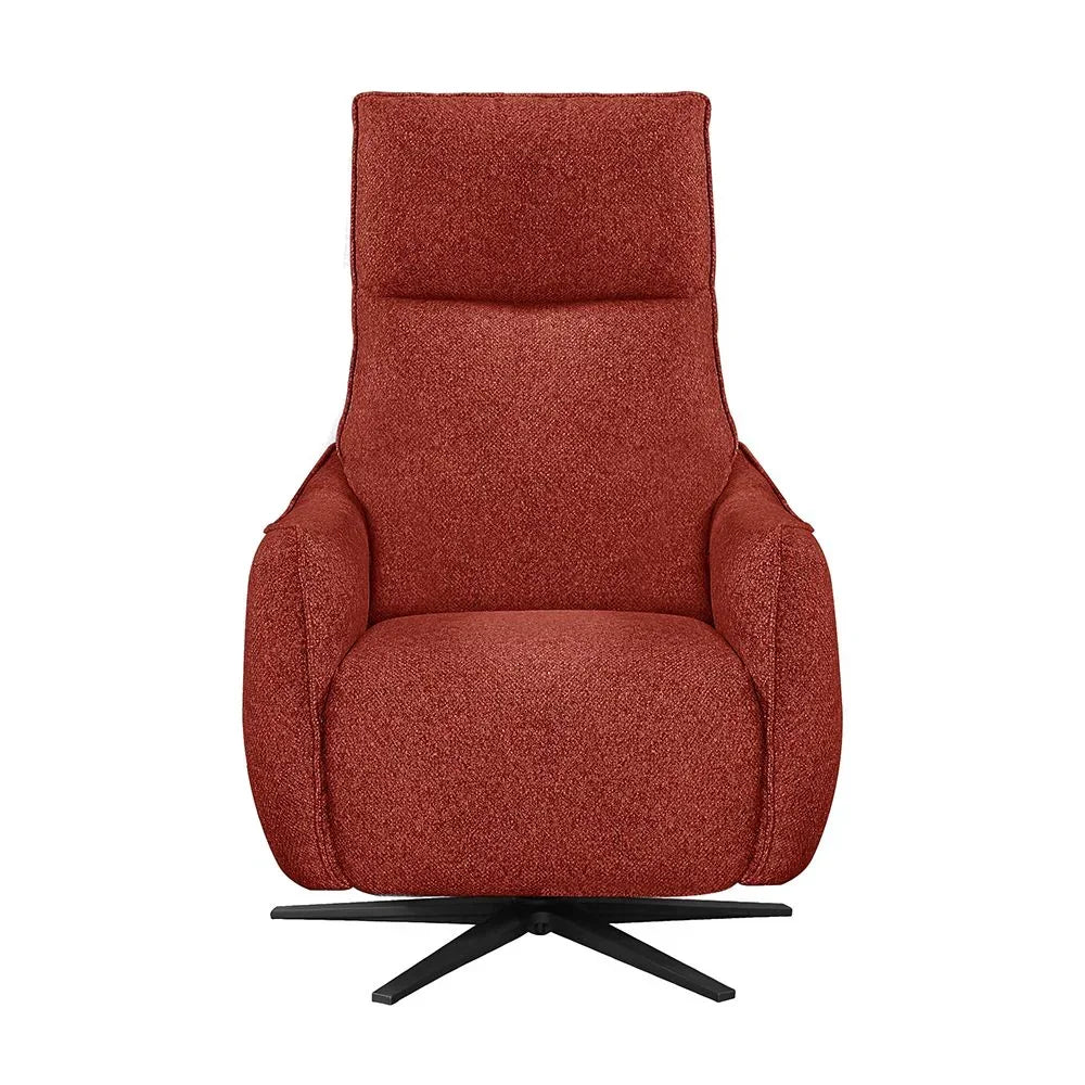 Red fabric recliner chair with high back and black swivel base, front view