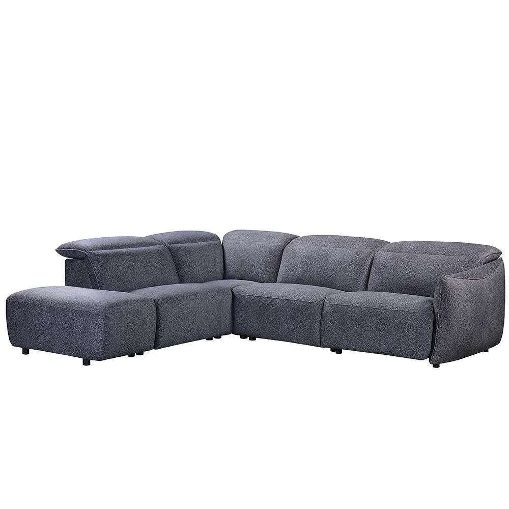 Grey fabric corner sofa with chaise and adjustable headrests, modern sectional seating