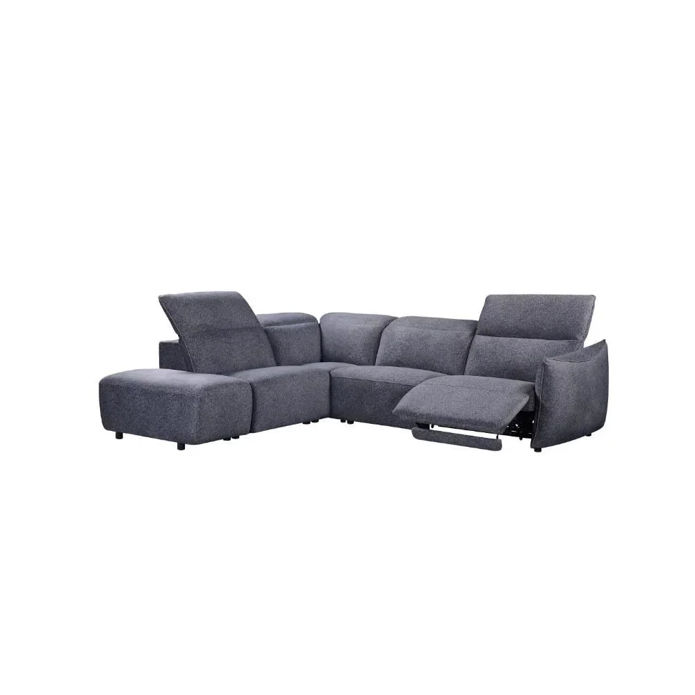 Grey fabric corner sofa with adjustable headrests and extended footrest on right side