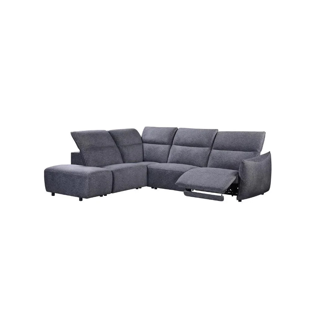 Grey fabric corner sofa with chaise and extended reclining seat, angled front view