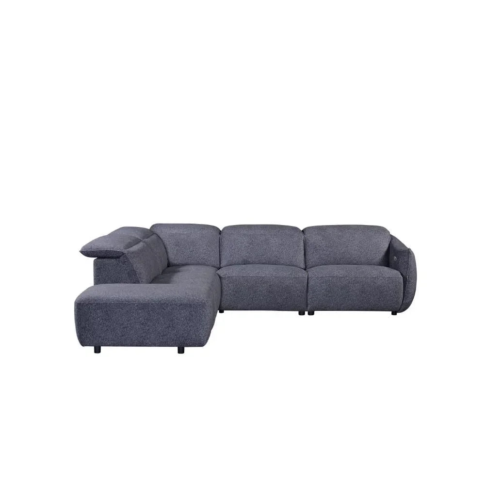 Dark grey fabric corner sofa with low backrest and wide chaise lounge section