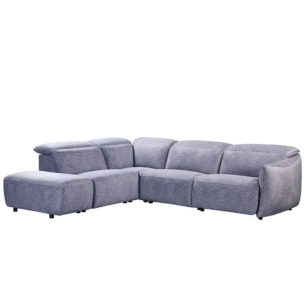 Grey corner sofa with adjustable headrests and modern fabric upholstery